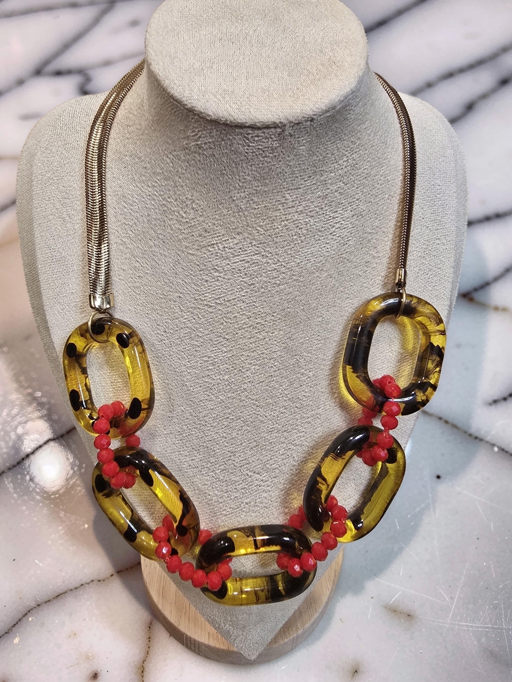 New York & Company Chunky Tortoise Shell Resin Necklace Red Bead Accents